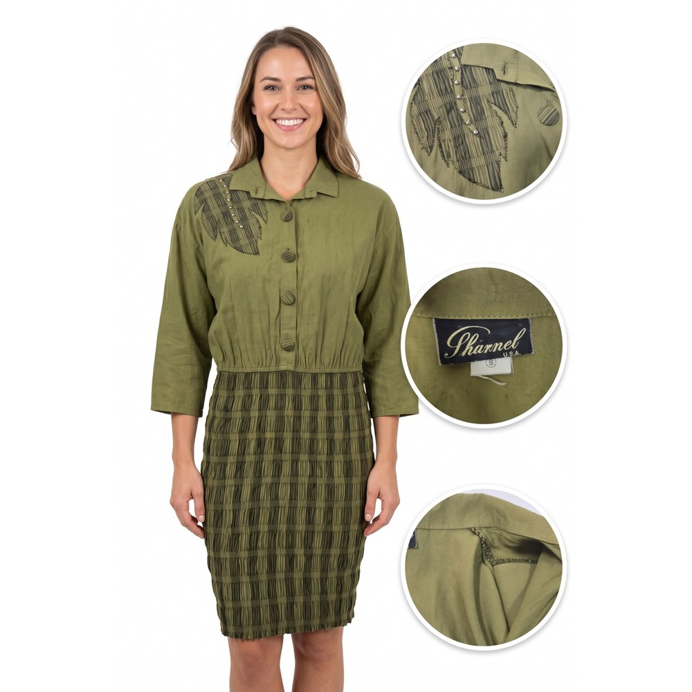 Vintage Sharnel Dress Small Olive Green Studded Leaf Accordion Smocked USA Made